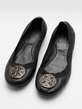 Tory Burch Reva Ballet Flats Black Leather Double T Logo Sz 7.5